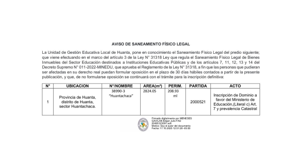 Saneamiento Física Legal del predio 38990-3 "Huantachaca"