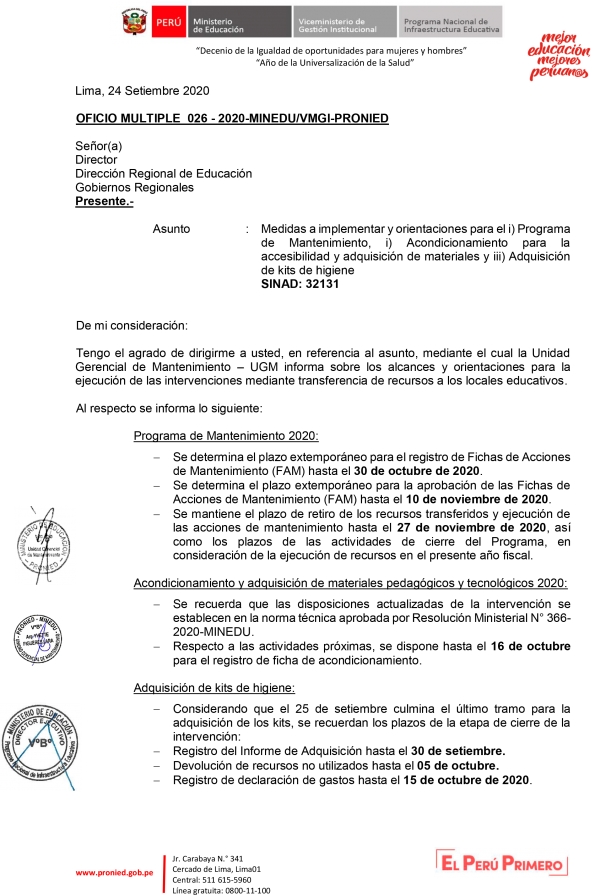 OFICIO MULTIPLE 026 - 2020-MINEDU/VMGI-PRONIED