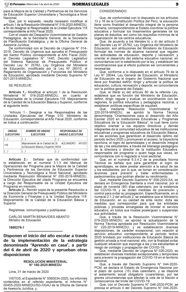 Inicio del Año Escolar a través de la implementación de la estrategia denominada “Aprendo en casa”