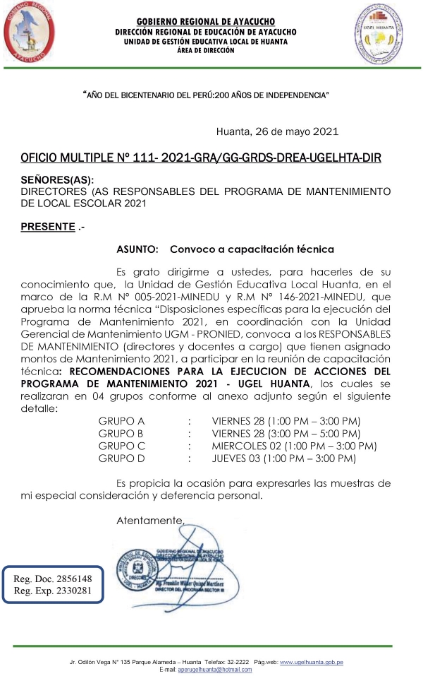 OFICIO MULTIPLE Nº 111- 2021-GRA/GG-GRDS-DREA-UGELHTA-DIR