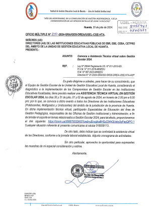 OFICIO MÚLTIPLE Nº 210 – 2024 – GRA/GG-GRDS-DREA-UGELHTA-DIR