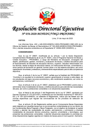 Resolución Directoral Ejecutiva  Nº 056-2020-MINEDU/VMGI-PRONABEC