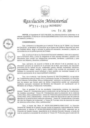 Resolución Viceministerial N° 274-2020-MINEDU
