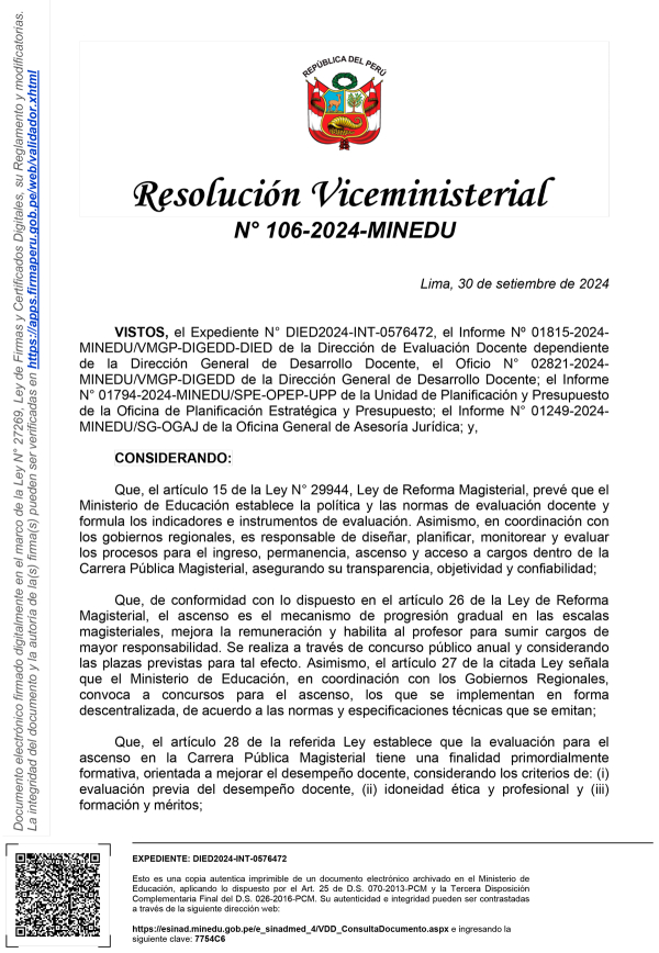 RESOLUCIÓN VICEMINISTERIAL N° 106-2024-MINEDU