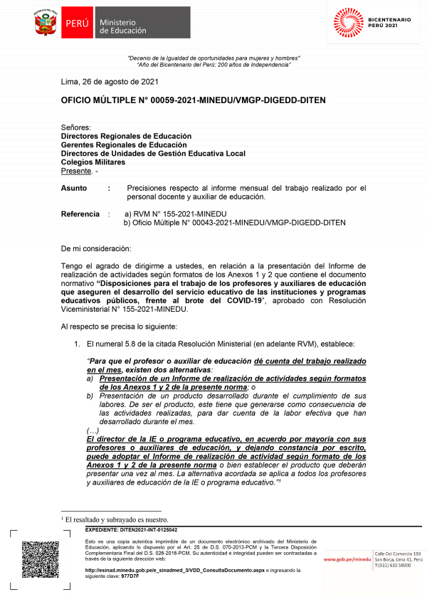 OFICIO MÚLTIPLE N° 00059-2021-MINEDUVMGP-DIGEDD-DITEN