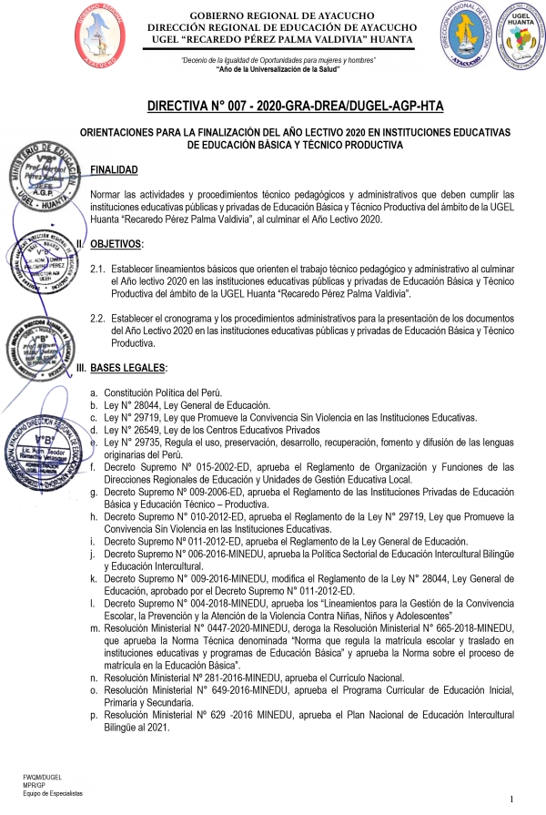 DIRECTIVA Nº 007 - 2020-GRA-DREA/DUGEL-AGP-HTA