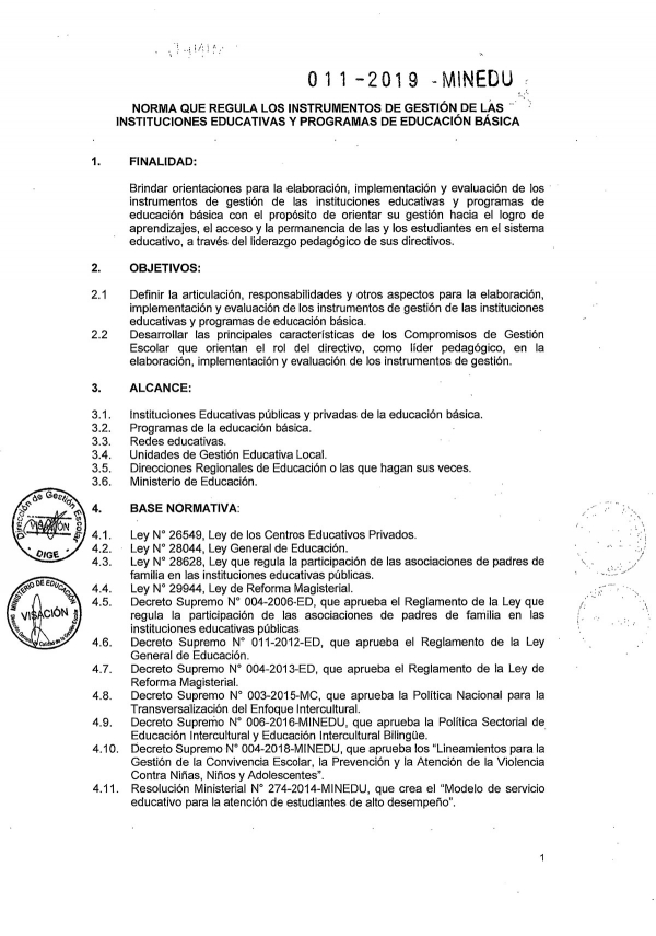 NORMA QUE REGULA LOS INSTRUMENTOS DE GESTIÓN DE LAS INSTITUCIONES EDUCATIVAS Y PROGRAMAS DE EDUCACIÓN BÁSICA