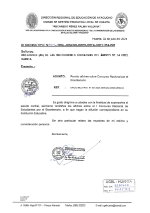 OFICIO MÚLTIPLE Nº 185 – 2024 – GRA/GG-GRDS-DREA-UGELHTA-DIR