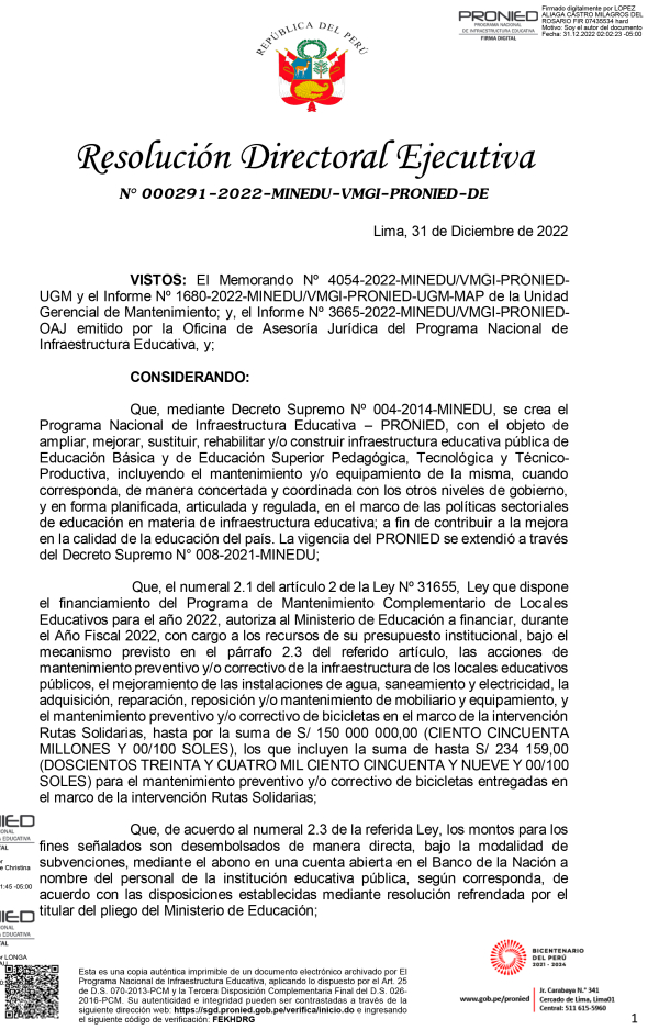 Resolución Directoral Ejecutiva N° 000291-2022-MINEDU-VMGI-PRONIED-DE