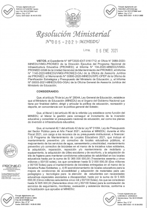 RESOLUCION MINISTERIAL N° 005-2021-MINEDU