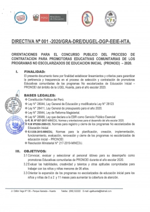 DIRECTIVA Nº 001-2020/GRA-DRE/DUGEL-DGP-EEIE-HTA
