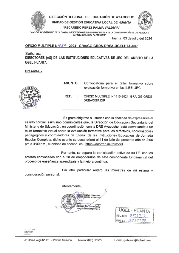 OFICIO MÚLTIPLE Nº 187 – 2024 – GRA/GG-GRDS-DREA-UGELHTA-DIR
