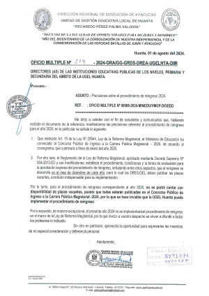OFICIO MÚLTIPLE Nº 219 – 2024 – GRA/GG-GRDS-DREA-UGELHTA-DIR