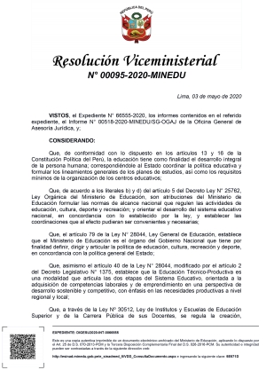 Resolución Viceministerial N° 095-2020-MINEDU