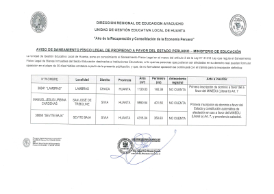 AVISO DE SANEAMIENTO FÍSICO LEGAL DE PROPIEDAD A FAVOR DEL ESTADO PERUANO - MINISTERIO DE EDUCACIÓN