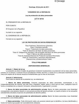 Ley de protección de datos personales LEY Nº 29733