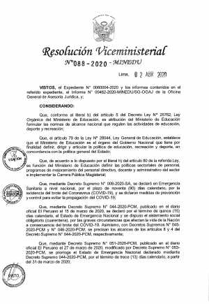 Resolución Viceministerial Nº 088-2020 - MINEDU