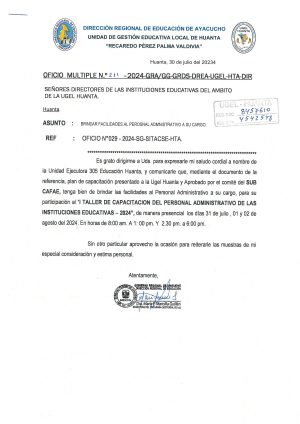 OFICIO MÚLTIPLE Nº 211 – 2024 – GRA/GG-GRDS-DREA-UGELHTA-DIR
