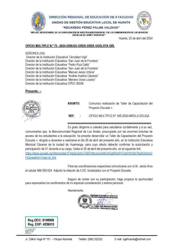 OFICIO MÚLTIPLE Nº 075 – 2024 – GRA/GG-GRDS-DREA-UGEHTA-DIR