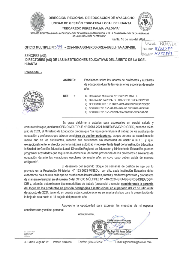 OFICIO MÚLTIPLE Nº 199 – 2024 – GRA/GG-GRDS-DREA-UGELHTA-AGP-DIR