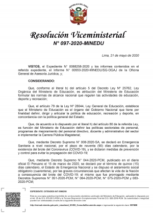 Resolución Viceministerial N° 097-2020-MINEDU