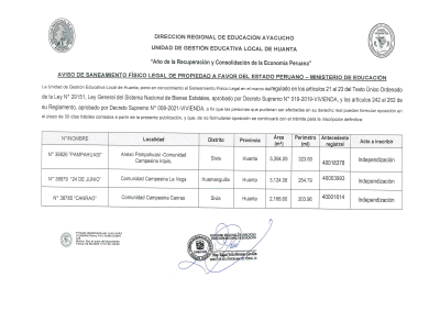 AVISO DE SANEAMIENTO FÍSICO LEGAL DE PROPIEDAD A FAVOR DEL ESTADO PERUANO - MINISTERIO DE EDUCACIÓN