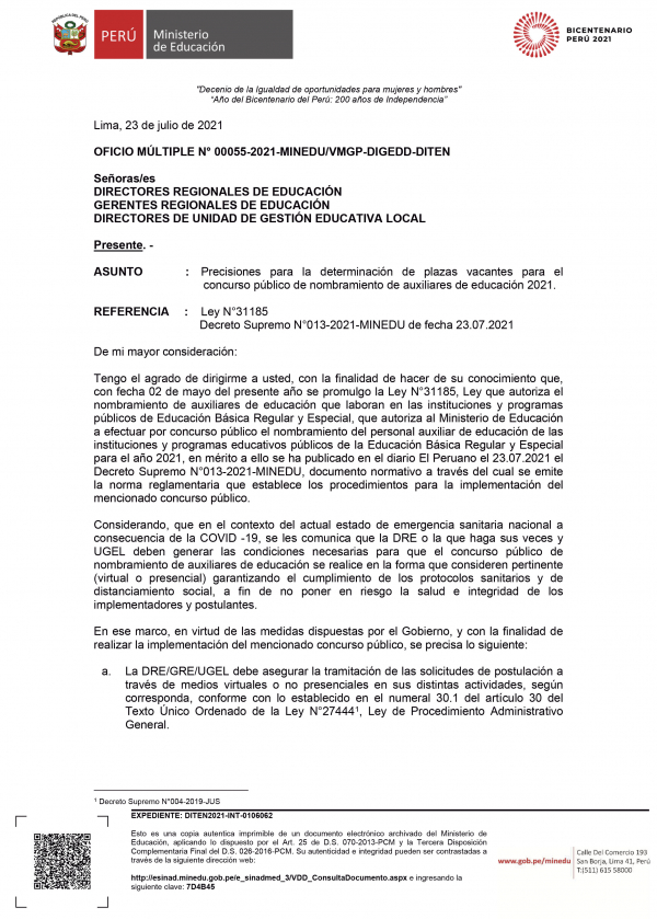 OFICIO MÚLTIPLE N° 00055-2021-MINEDUVMGP-DIGEDD-DITEN