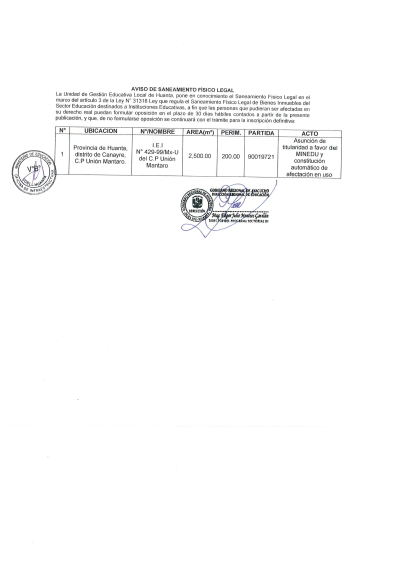 AVISO DE SANEAMIENTO FISICO LEGAL IEI 429-99 C.P. UNION MANTARO - CANAYRE