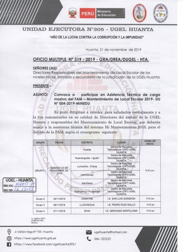 ASISTENCIA TÉCNICA DE CARGA MASIVA DEL FAM -MANTENIMIENTO DE LOCAL ESCOLAR 2019 -SABADO 23 DE NOVIEMBRES DESDE 8:30AM -TERCER PISO DE LA UGEL.