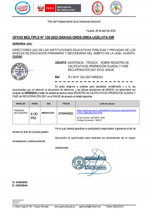 OFICIO MÚLTIPLE N° 120-2022-GRA/GG-GRDS-DREA-UGELHTA-DIR