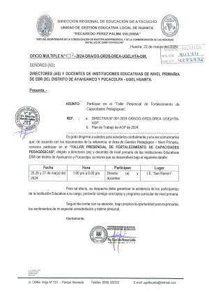 OFICIO MÚLTIPLE Nº 037 – 2024 – GRA/GG-GRDS-DREA-UGELHTA-DIR