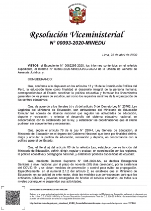 Resolución Viceministerial Nº 00093-2020-MINEDU