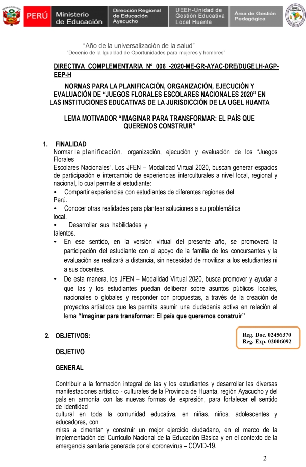 DIRECTIVA COMPLEMENTARIA Nº 006 -2020-ME-GR-AYAC-DRE/DUGELH-AGP- EEP-H