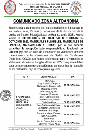 ZONA ALTOANDINA: DISTRIBUCIÓN DE MATERIALES EDUCATIVOS– DOTACIÓN 2022, MATERIALES FUNGIBLES, MATERIALES DE LIMPIEZA, MASCARILLAS Y OTROS